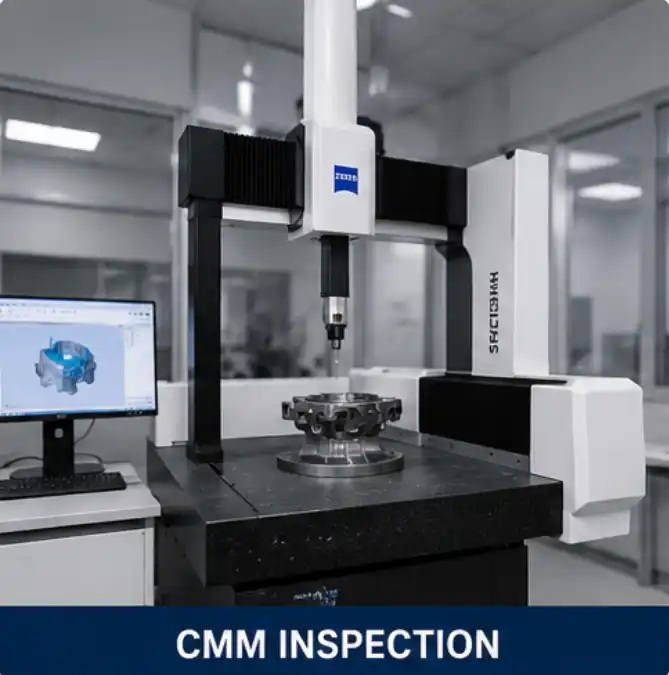Stationary bridge CMM measuring machine inspecting a component